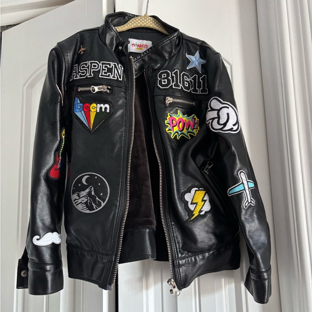 Faux Leather Jacket with Colorful Patches